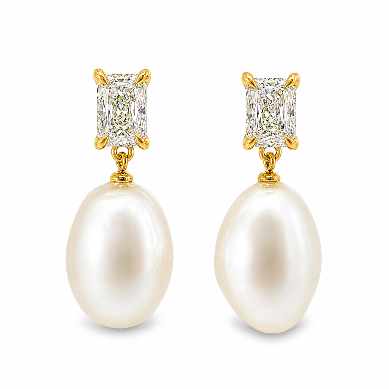9ct Yellow Gold Radiant Cut Lab Grown Diamond & Keshi Pearl Drop Earrings – 1.00ct TDW