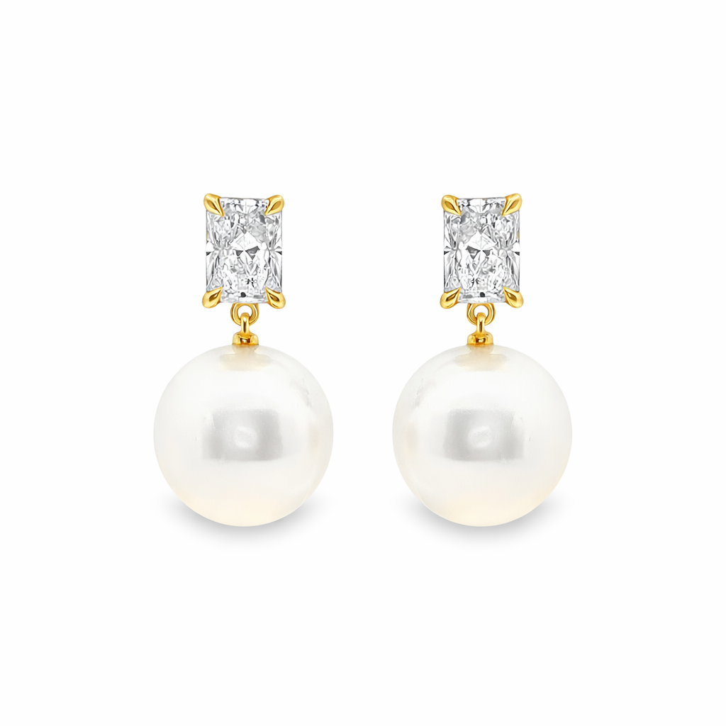 9ct Yellow Gold South Sea Pearl & Radiant Cut Lab Grown Diamond Drop Stud Earrings – 2.12ct TDW