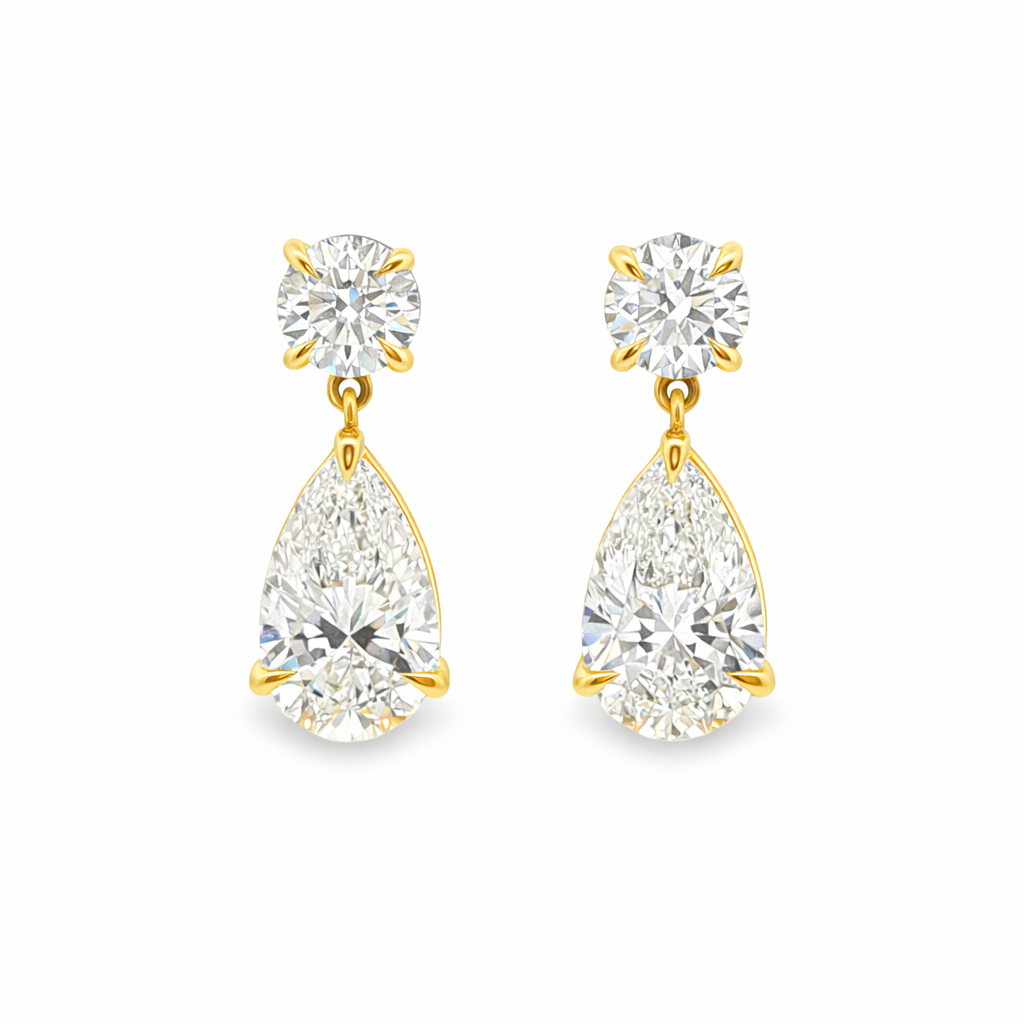 9ct Yellow Gold Round & Pear Cut Lab Grown Diamond Drop Earrings – 8.09ct TDW