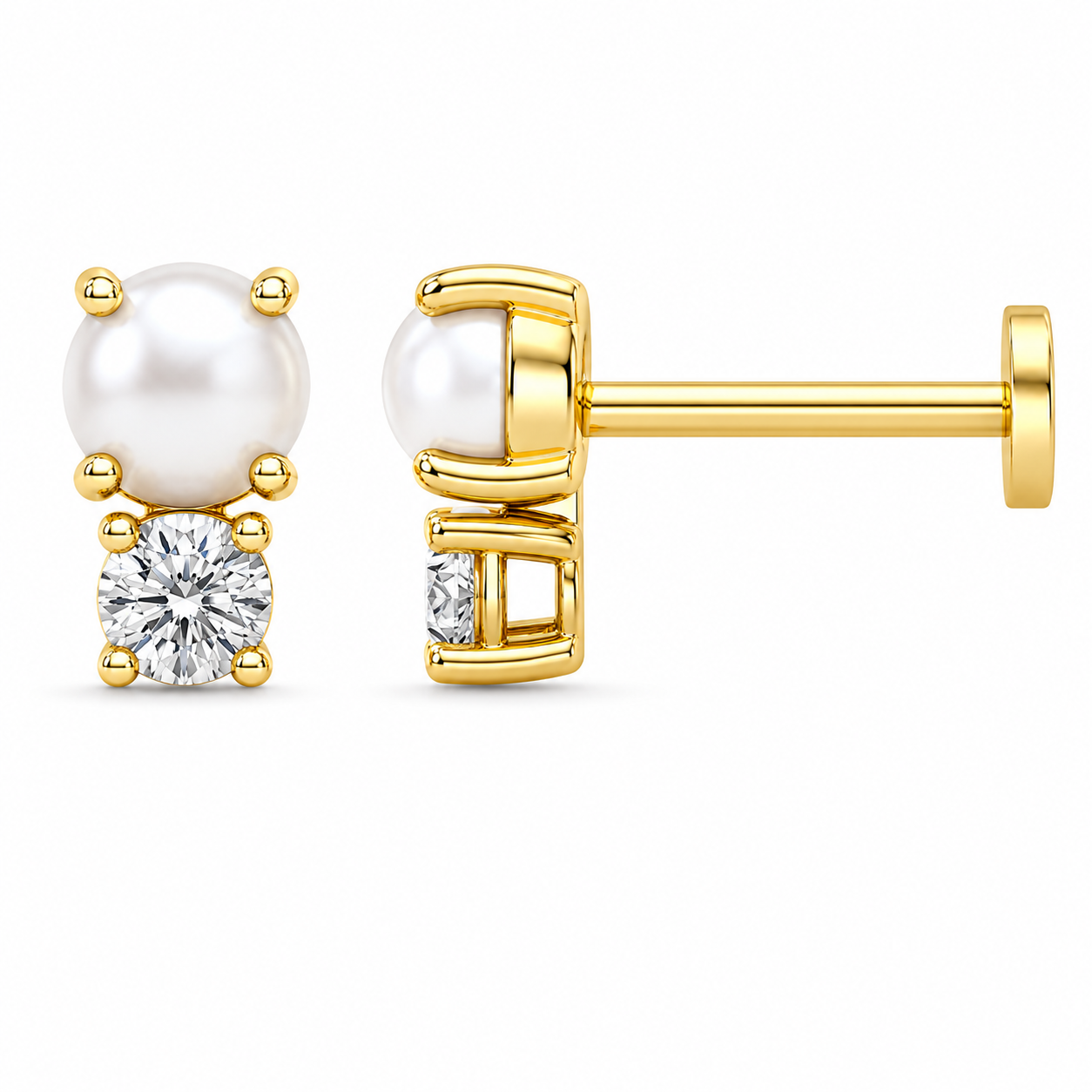 9ct Yellow Gold Pearl & Lab Grown Diamond Flat Back Stud Earring – 0.02ct TDW