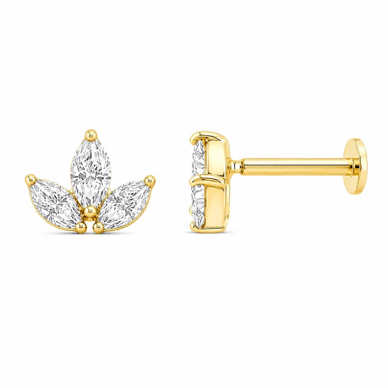 9ct Yellow Gold Marquise Cut Lab Grown Diamond Flat Back Stud Earring – 0.12ct TDW
