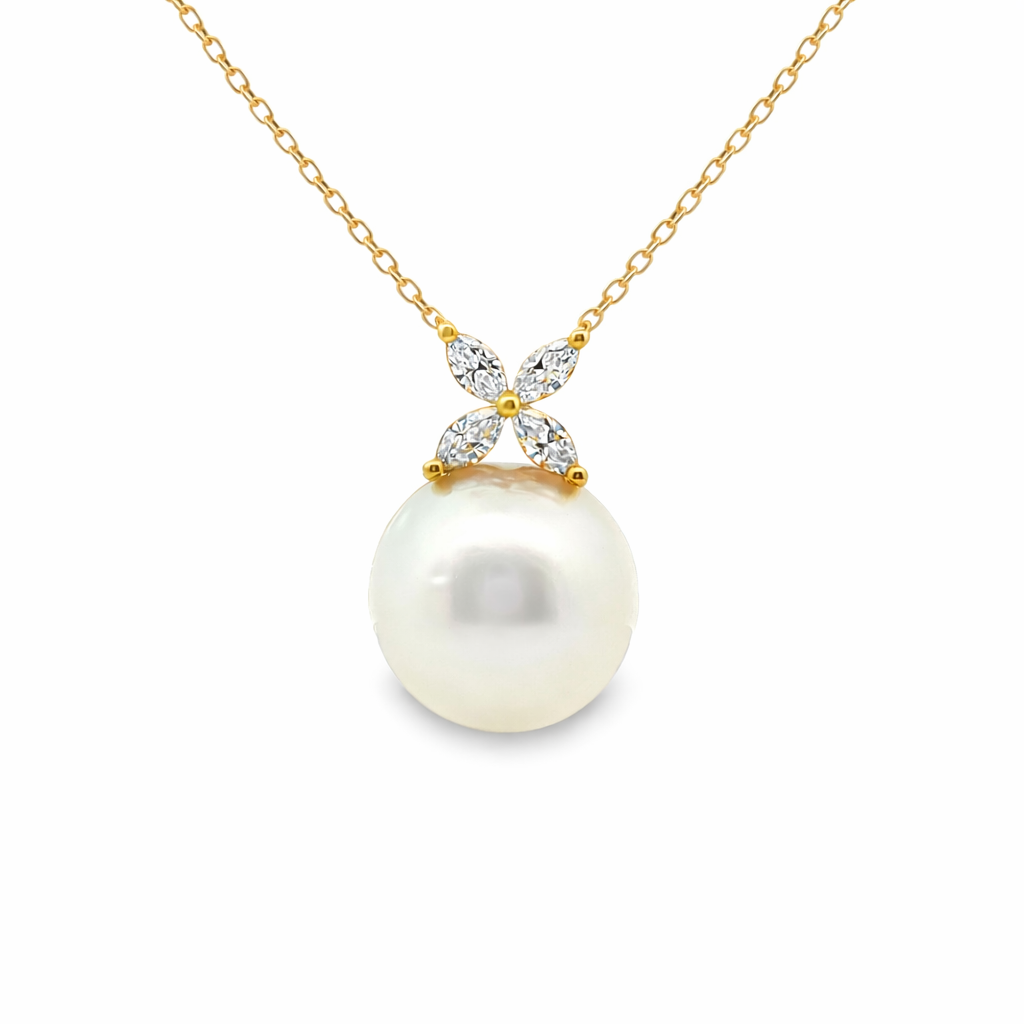 9ct Yellow Gold South Sea Pearl & Marquise Lab Grown Diamond Pendant Necklace – 0.25ct TDW