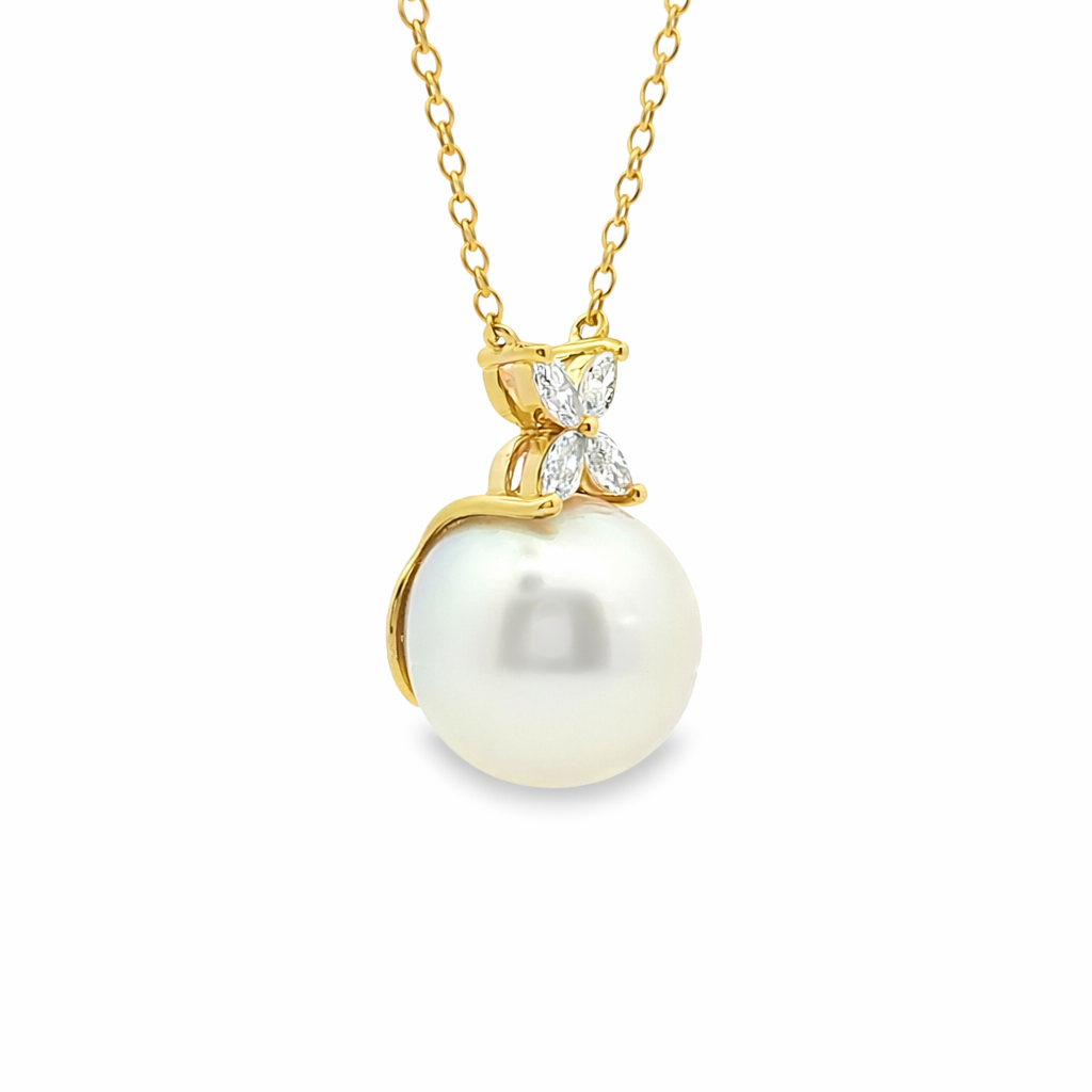 9ct Yellow Gold South Sea Pearl & Marquise Lab Grown Diamond Pendant Necklace – 0.25ct TDW