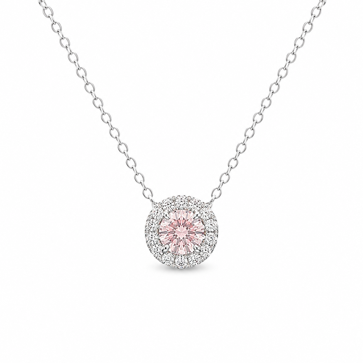 9ct White Gold Round Fancy Intense Pink Lab Grown Diamond Halo Necklace – 0.69ct TDW