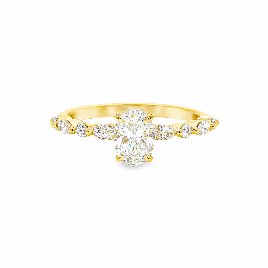 9ct Yellow Gold 4 Eagle Claw Set Oval Cut Lab Grown Diamond Ring with Round and Marquise Shoulders – 1.10ct TDW