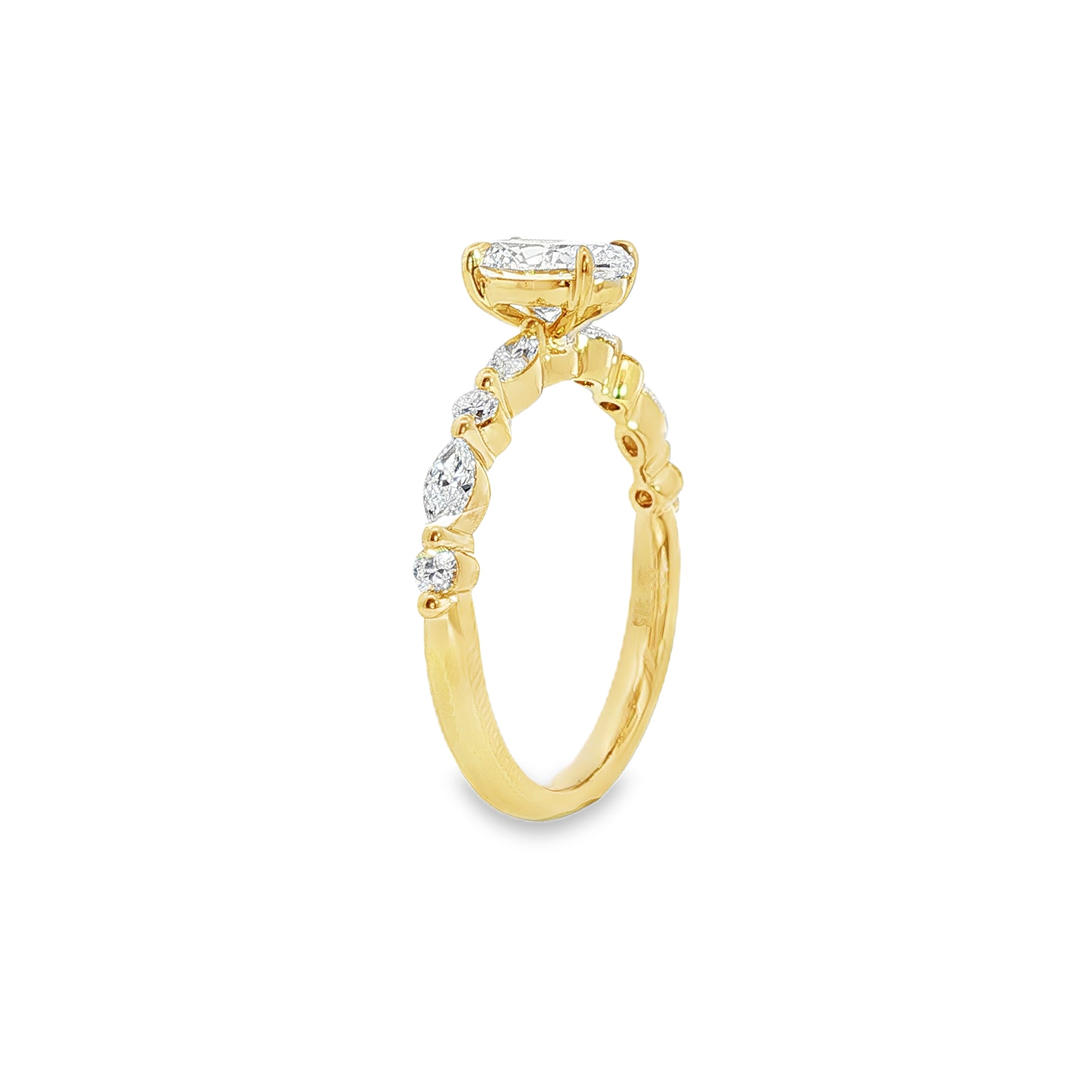 9ct Yellow Gold 4 Eagle Claw Set Oval Cut Lab Grown Diamond Ring with Round and Marquise Shoulders – 1.10ct TDW