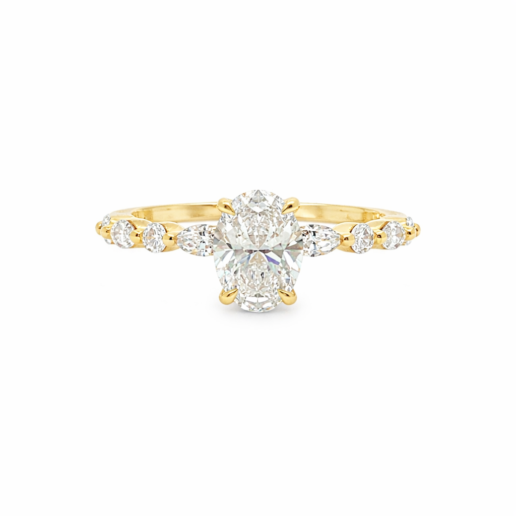 9ct Yellow Gold Oval Cut Lab Grown Diamond Ring with Round and Marquise Shoulders – 1.35ct TDW