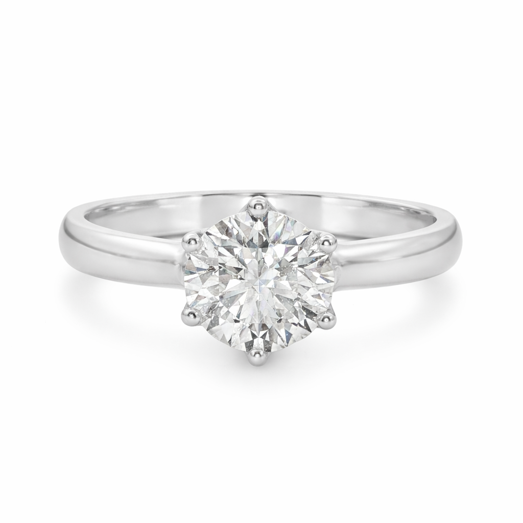 18ct White Gold Round Lab Grown Diamond Tulip 6-Claw Engagement Ring – 1.03ct TDW
