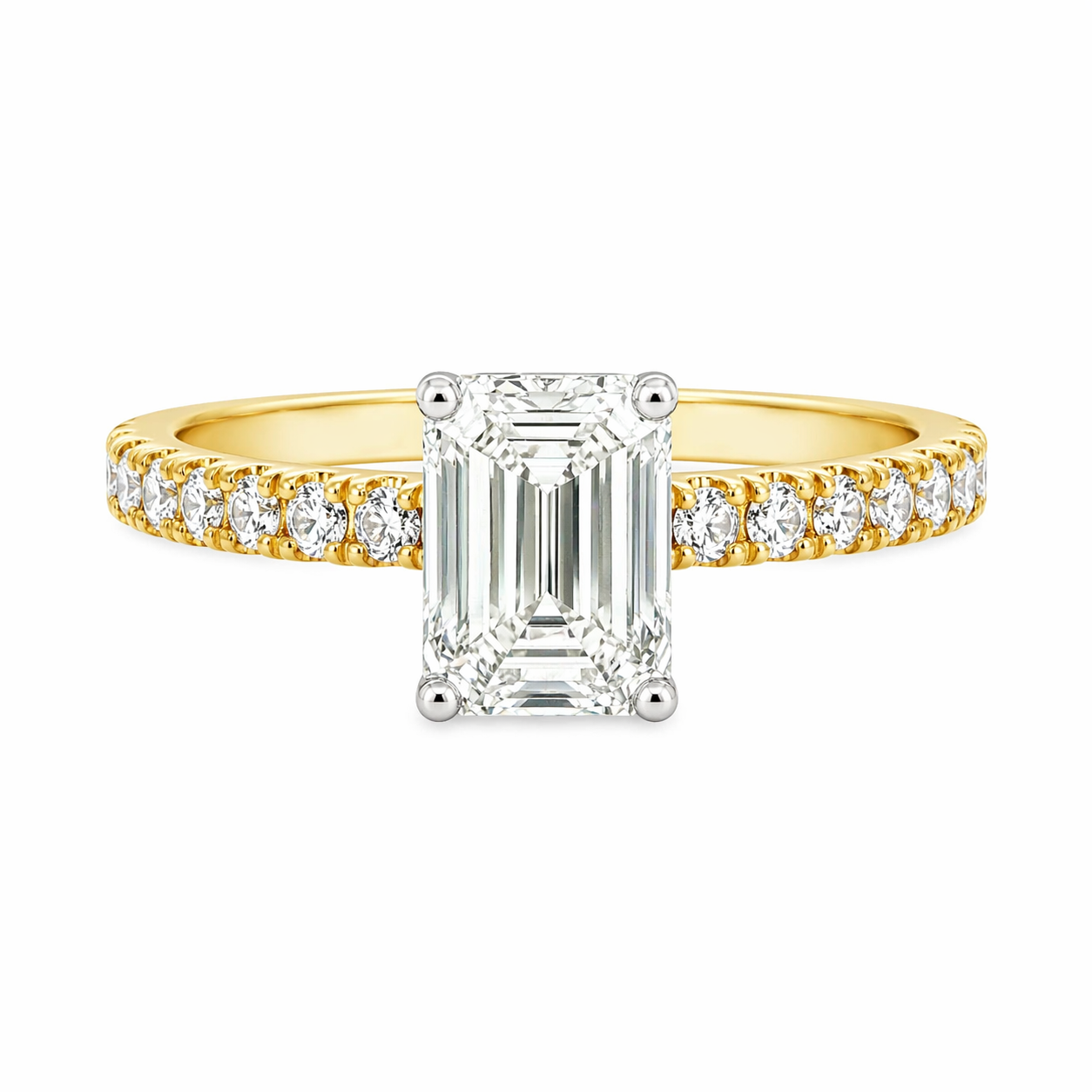 18ct Yellow & White Gold Emerald Cut Lab Grown Diamond Ring with Hidden Halo & Diamond Set Shoulders – 1.86ct TDW