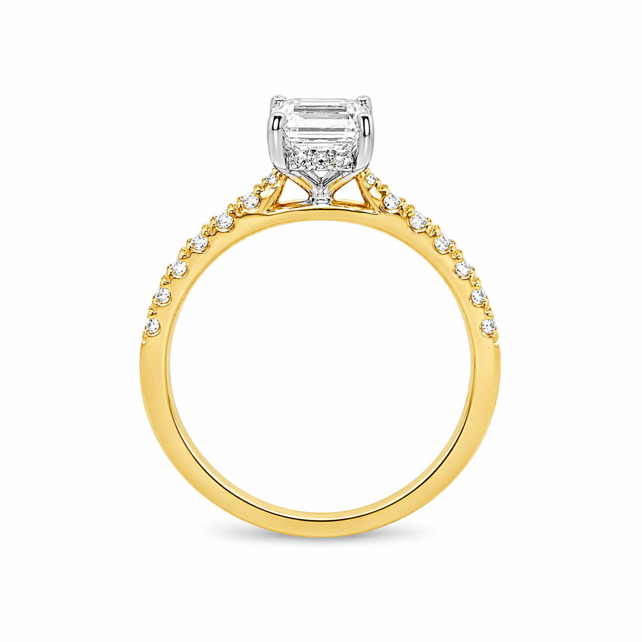 18ct Yellow & White Gold Emerald Cut Lab Grown Diamond Ring with Hidden Halo & Diamond Set Shoulders – 1.86ct TDW