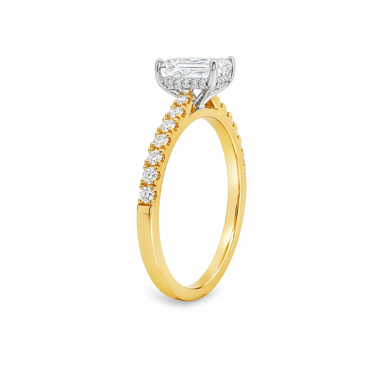 18ct Yellow & White Gold Emerald Cut Lab Grown Diamond Ring with Hidden Halo & Diamond Set Shoulders – 1.86ct TDW