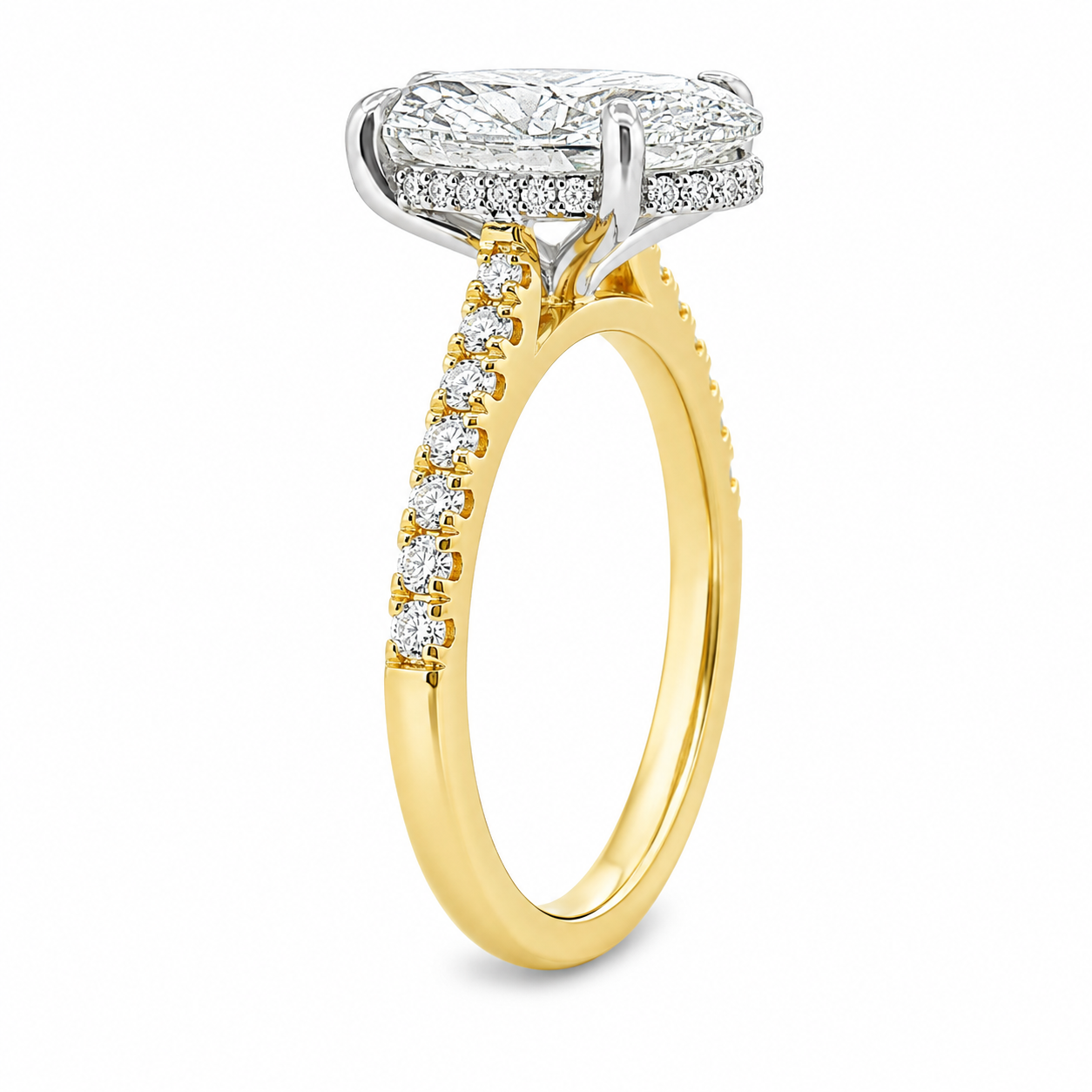 18ct Yellow & White Gold Moval Cut Lab Grown Diamond Ring with Hidden Halo & Diamond Set Cathedral Shoulders – 3.92ct TDW