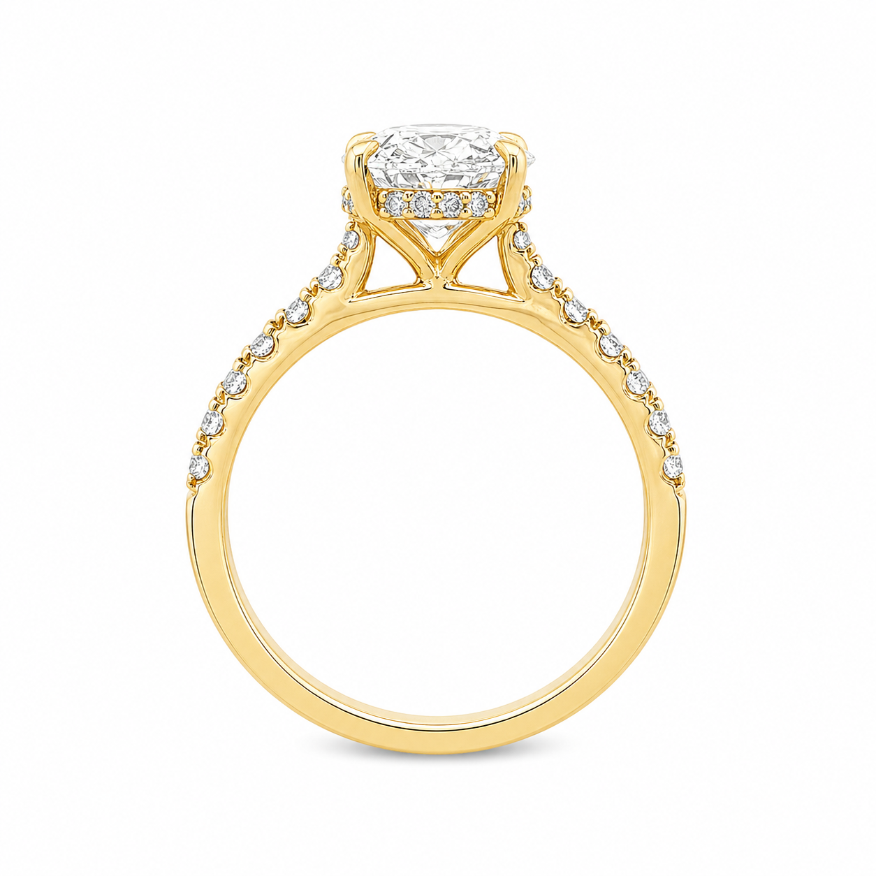 18ct Yellow Gold Oval Lab Grown Diamond Ring with Diamond Set Shoulders & Hidden Halo – 2.45ct TDW