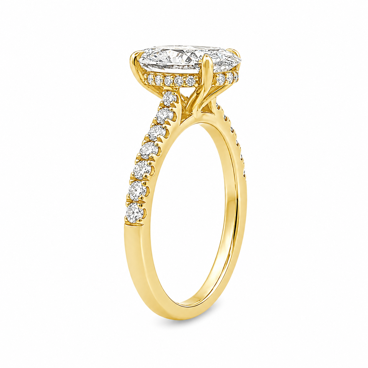 18ct Yellow Gold Oval Lab Grown Diamond Ring with Diamond Set Shoulders & Hidden Halo – 2.45ct TDW