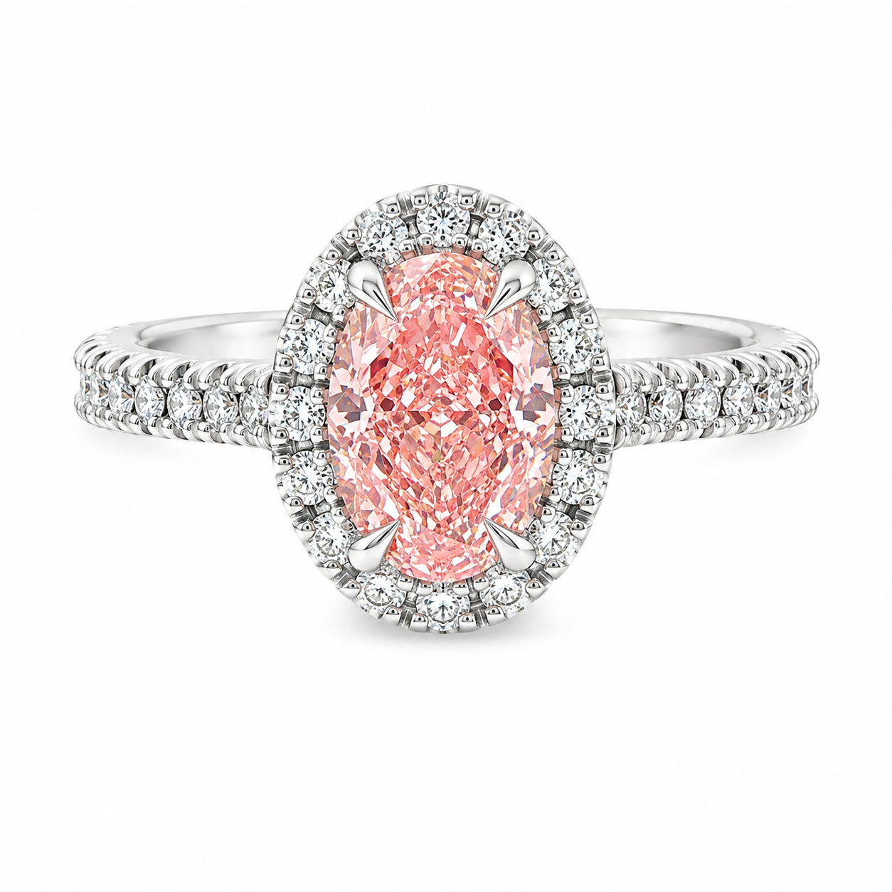 Platinum Oval Fancy Intense Pink Lab Grown Diamond Ring with Halo & Diamond Set Shoulders – 1.79ct TDW