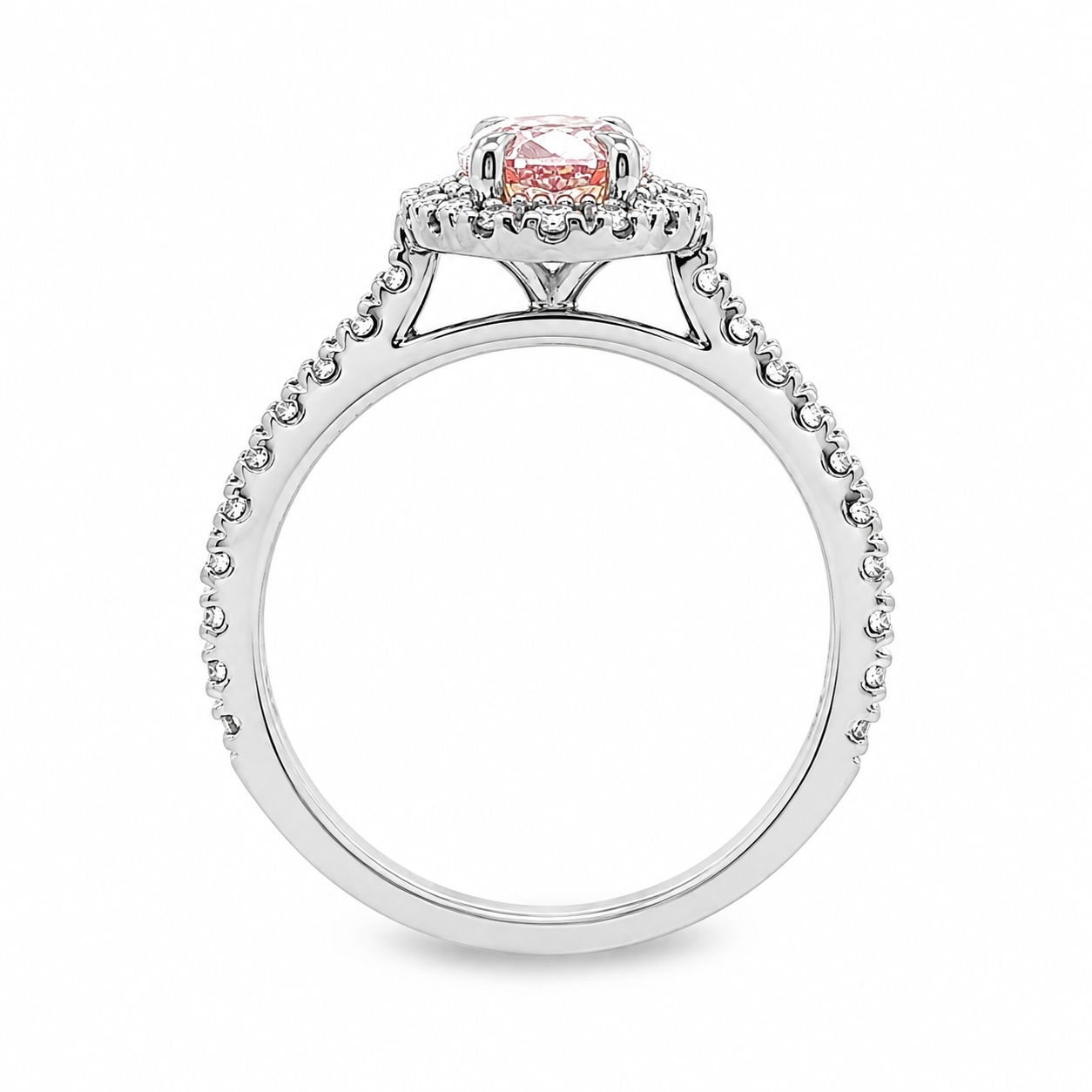 Platinum Oval Fancy Intense Pink Lab Grown Diamond Ring with Halo & Diamond Set Shoulders – 1.79ct TDW