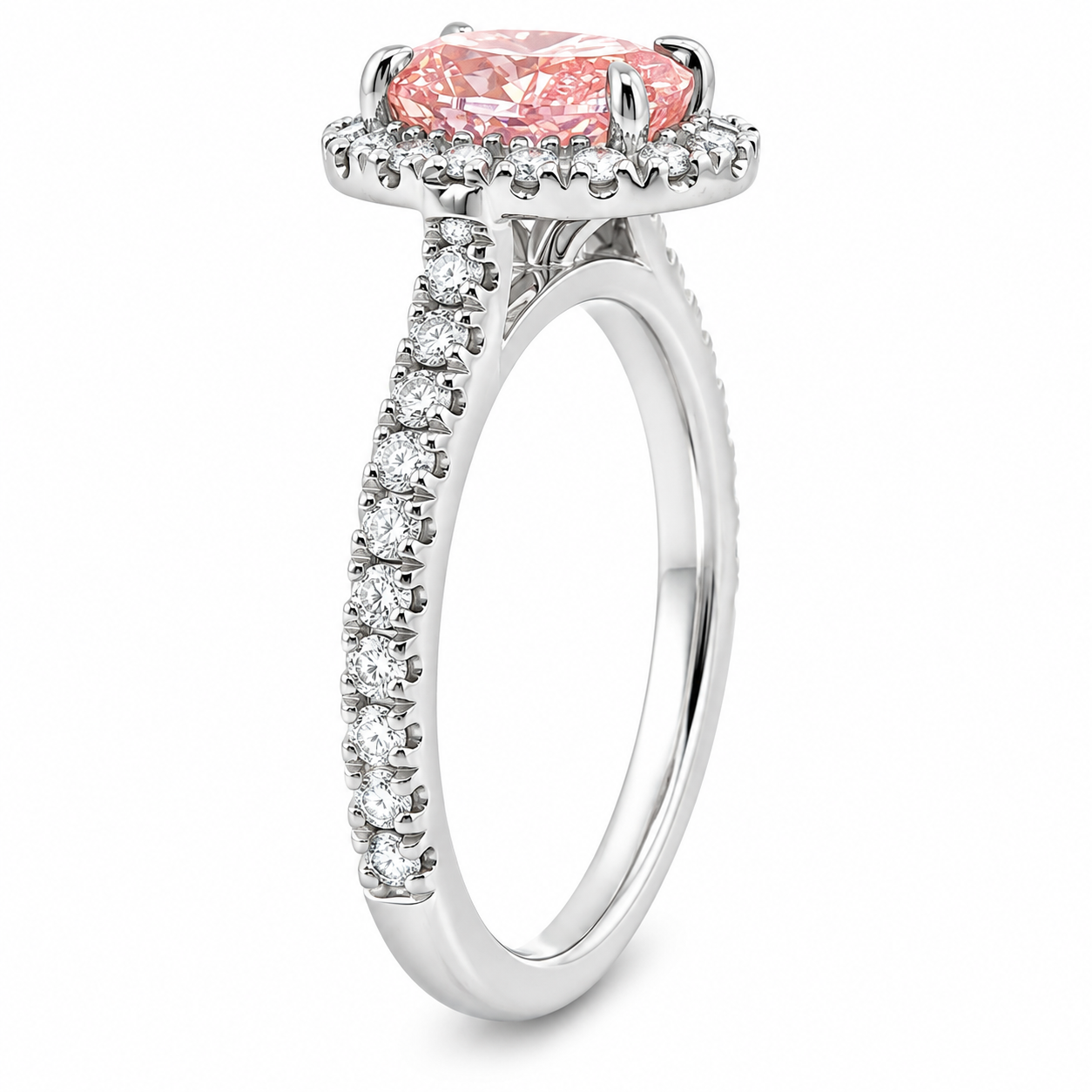 Platinum Oval Fancy Intense Pink Lab Grown Diamond Ring with Halo & Diamond Set Shoulders – 1.79ct TDW