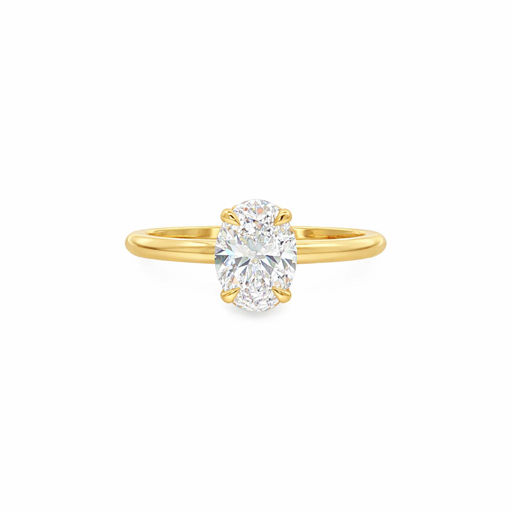 9ct Yellow Gold 4 Eagle Claw Set Oval Lab Grown Diamond Solitaire Ring with Hidden Halo – 1.05ct TDW