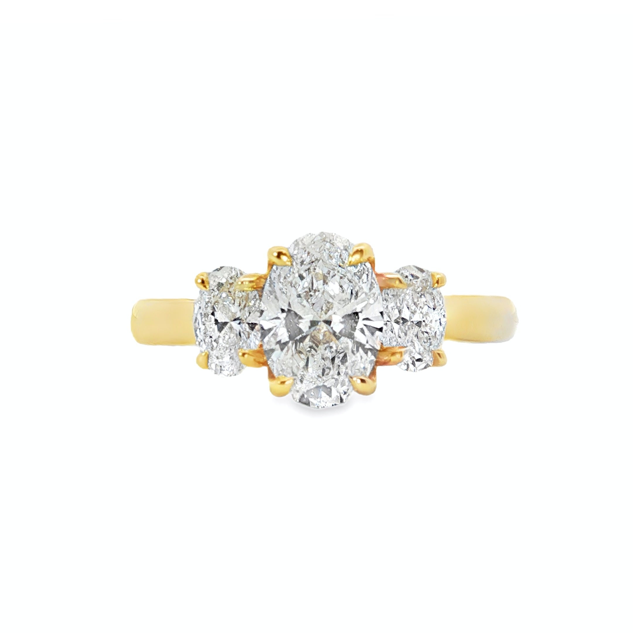 18ct Yellow Gold Oval Lab Grown Diamond Trilogy Engagement Ring – 1.50ct TDW