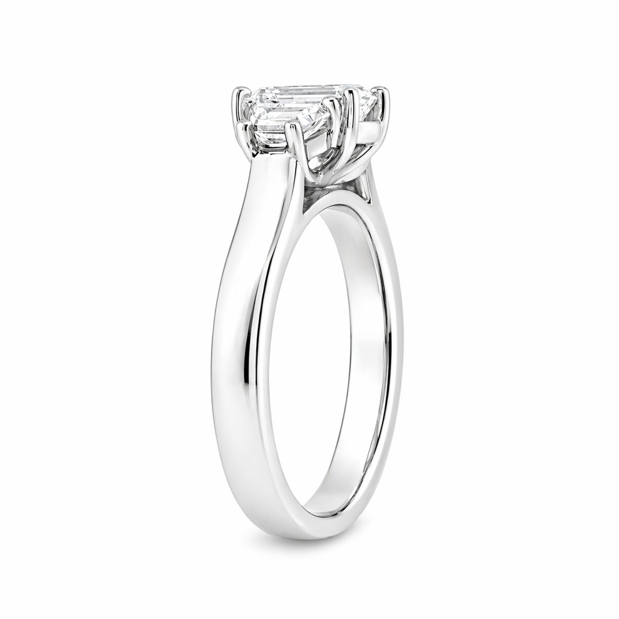 18ct White Gold Emerald Cut and Trapezoid Lab Grown Diamond Trilogy Engagement Ring – 1.52ct TDW
