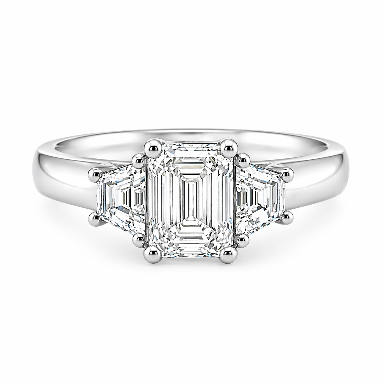 Platinum Emerald Cut and Trapezoid Lab Grown Diamond Trilogy Engagement Ring – 1.50ct TDW