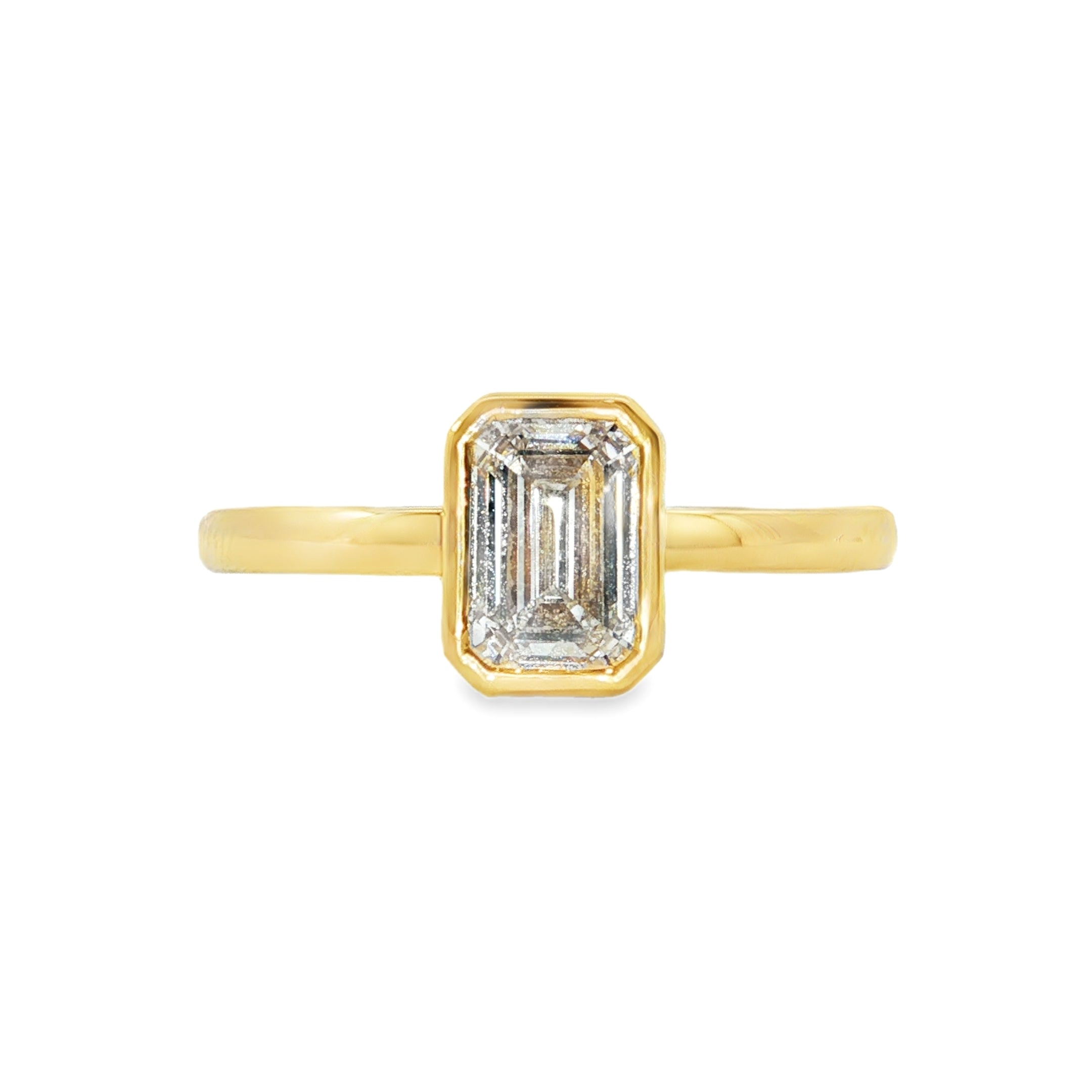 14ct Yellow Gold Bezel Set 1.01ct Emerald Cut Lab Grown Diamond on a Solitaire Ring