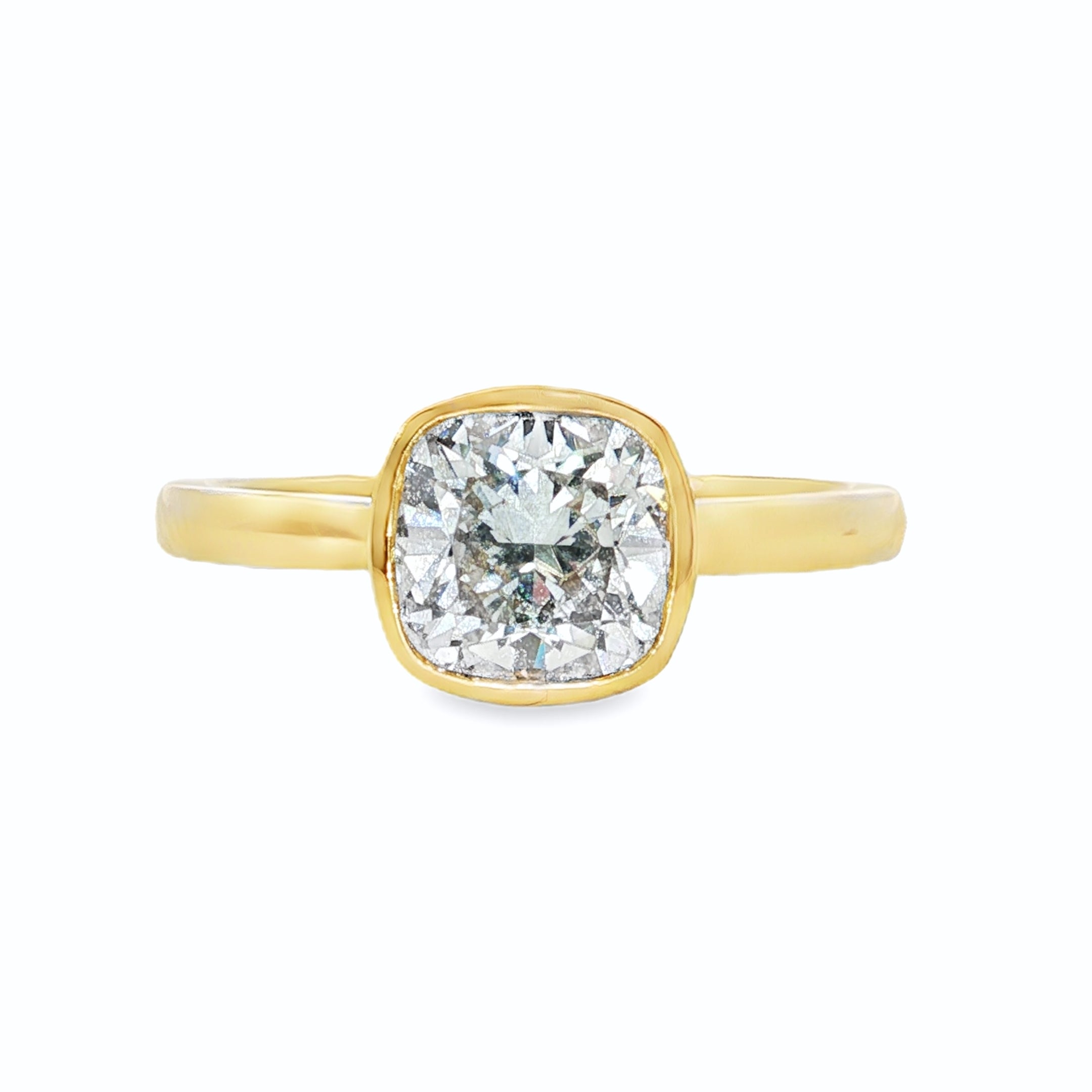 18ct Yellow Gold Bezel Set 1.50ct Cushion Cut Lab Grown Diamond Solitaire Ring