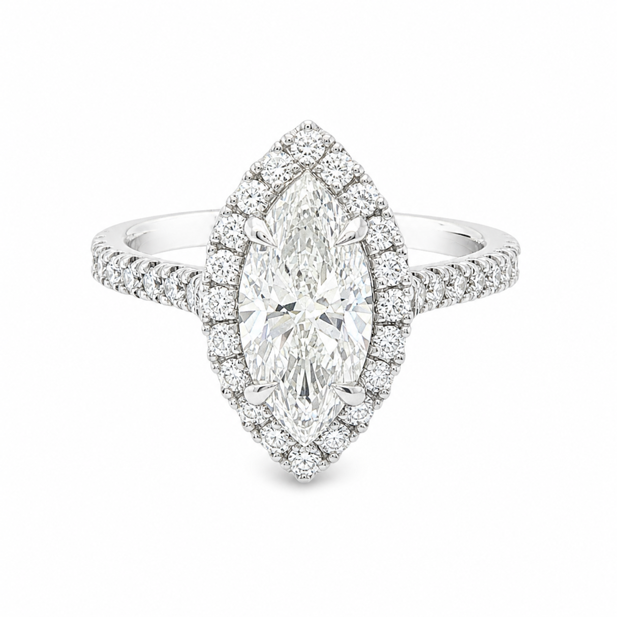 18ct White Gold Marquise Cut Lab Grown Diamond Ring with Halo & Diamond Set Shoulders – 2.11ct TDW