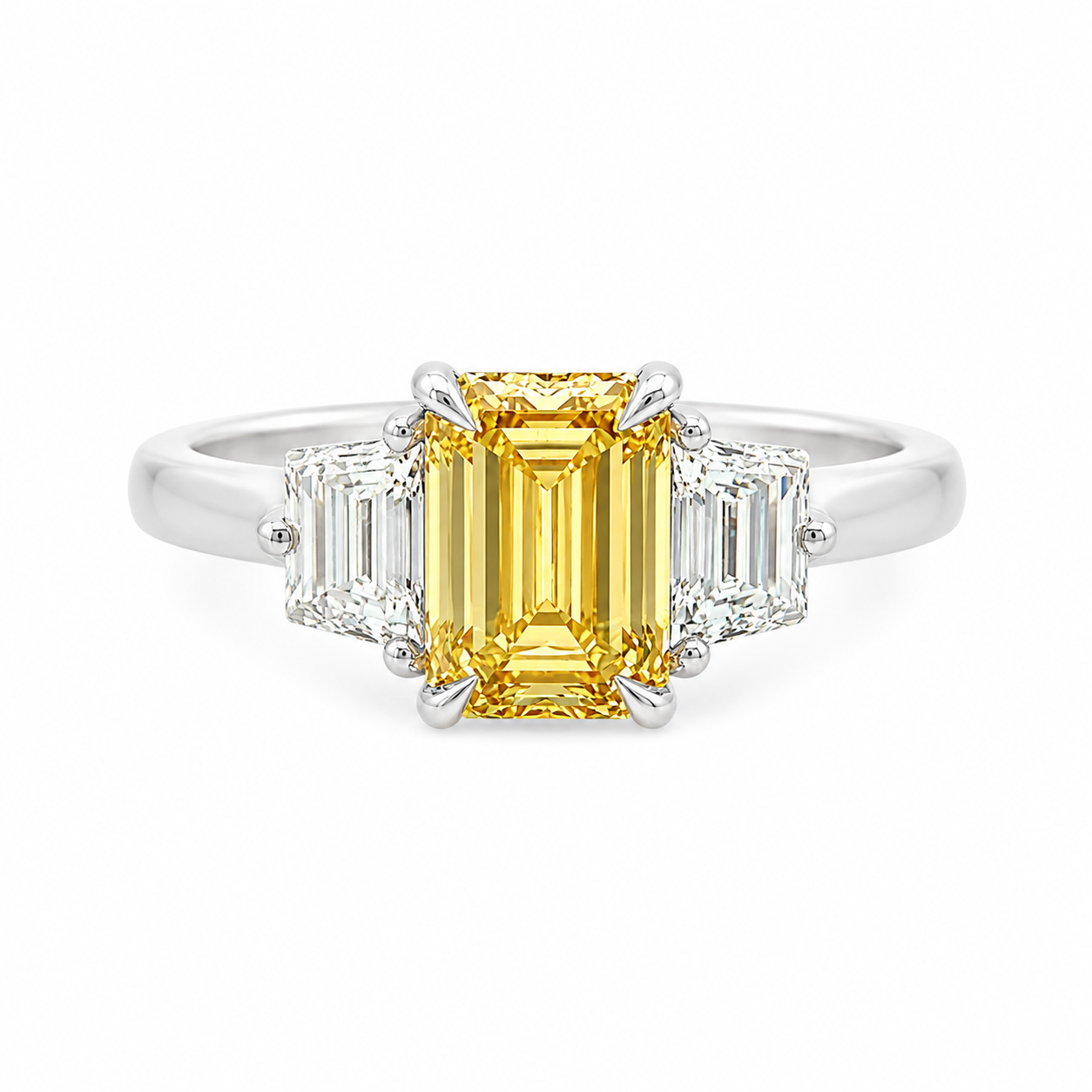 9ct White Gold Emerald Cut Fancy Intense Yellow Lab Grown Diamond Trilogy Ring – 1.58ct TDW