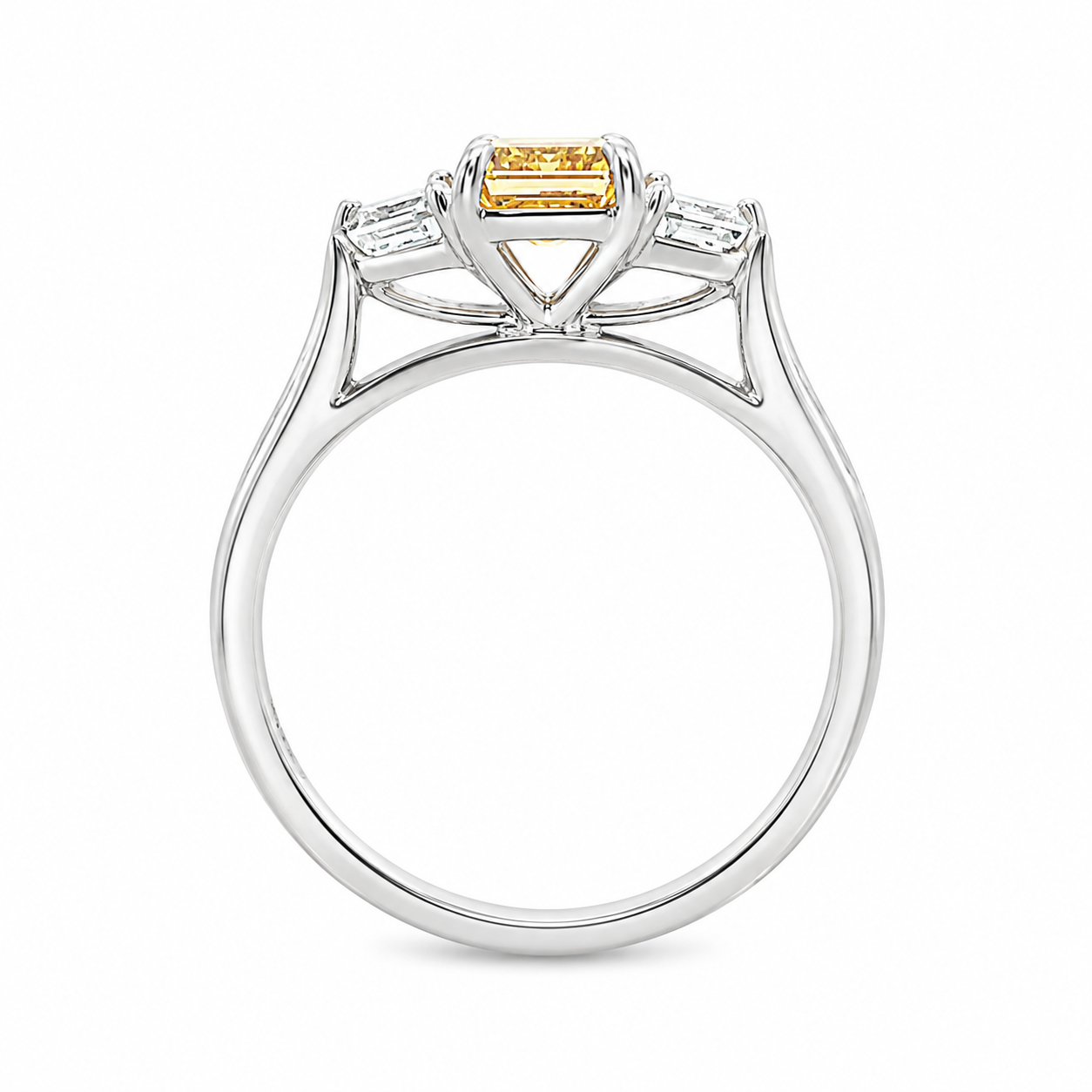 9ct White Gold Emerald Cut Fancy Intense Yellow Lab Grown Diamond Trilogy Ring – 1.58ct TDW