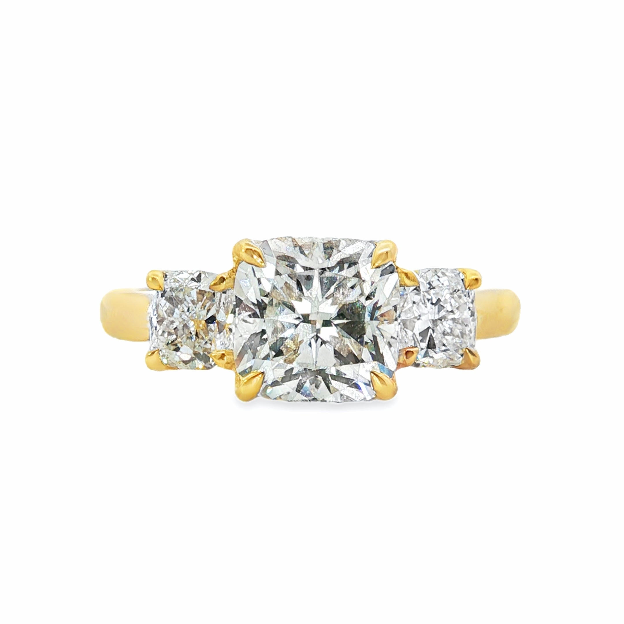 18ct Yellow Gold Cushion Cut 3.05ct LGD Trilogy Ring – 2.04ct E VVS2 Centre
