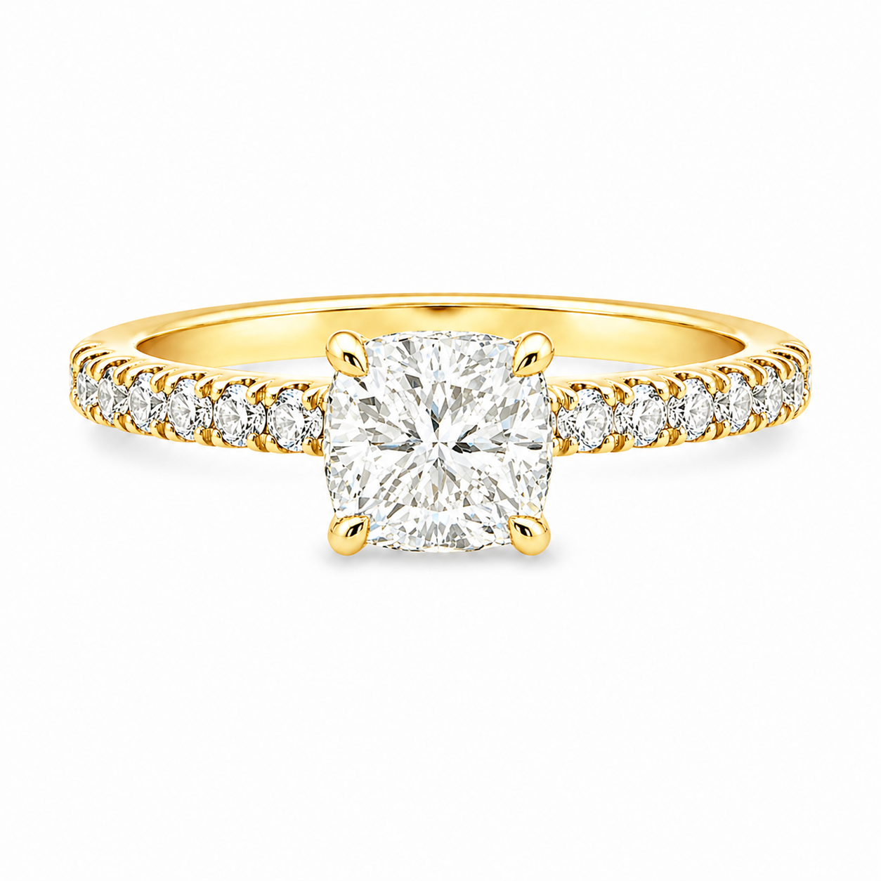 9ct Yellow Gold Cushion Cut Lab Grown Diamond Ring with Hidden Halo & Diamond Set Shoulders – 1.78ct TDW