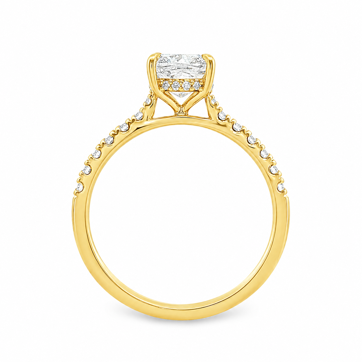 9ct Yellow Gold Cushion Cut Lab Grown Diamond Ring with Hidden Halo & Diamond Set Shoulders – 1.78ct TDW