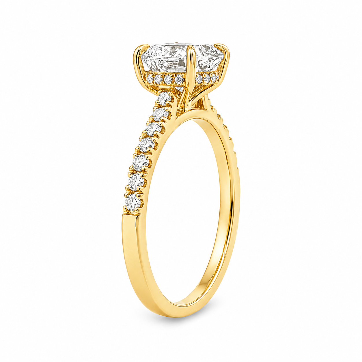 9ct Yellow Gold Cushion Cut Lab Grown Diamond Ring with Hidden Halo & Diamond Set Shoulders – 1.78ct TDW