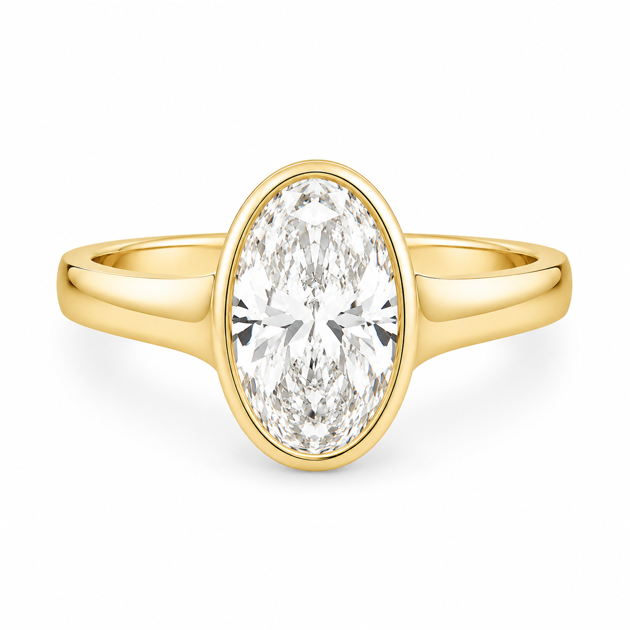 9ct Yellow Gold Bezel Set Oval Lab Grown Diamond Ring with Split Shoulders & Peek-A-Boo Diamond – 2.11ct TDW