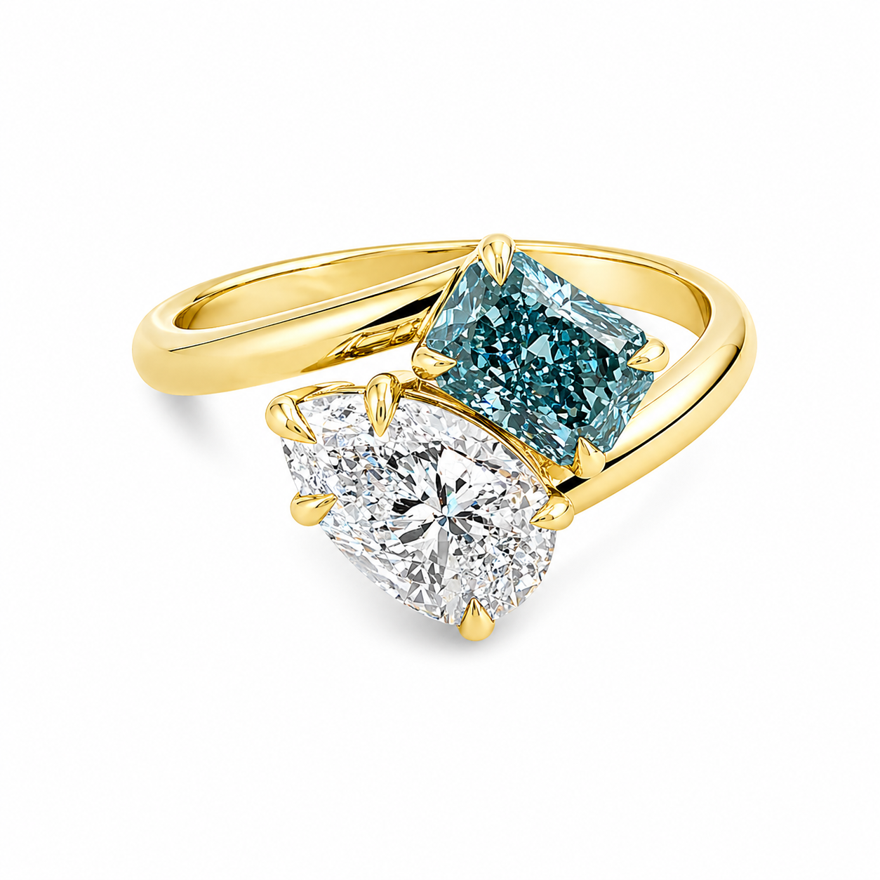 9ct Yellow Gold Fancy Vivid Blue Cushion & Pear Cut Lab Grown Diamond Ring – 2.50ct TDW