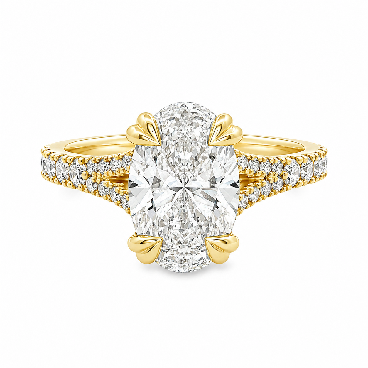 9ct Yellow Gold Oval Lab Grown Diamond Ring with Double Heart Claws & Split Diamond Set Shoulders – 2.71ct TDW