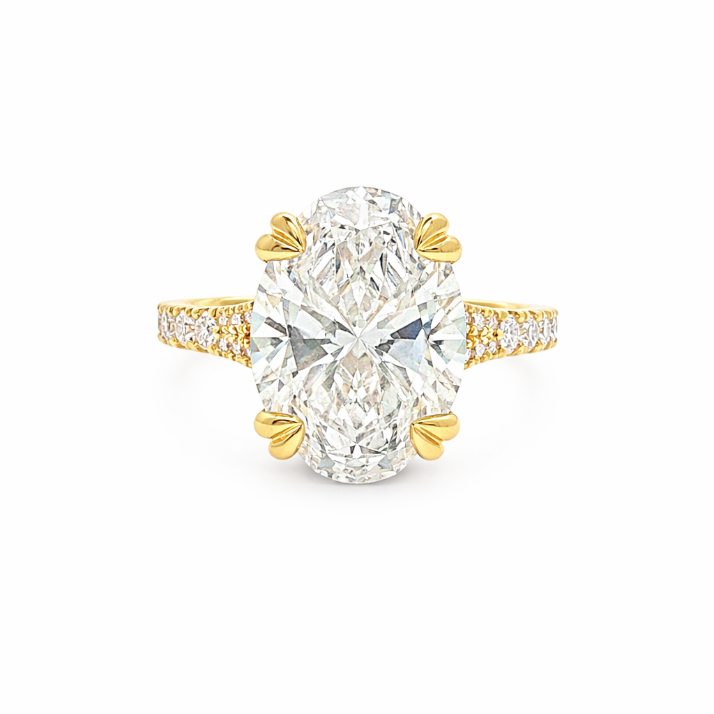 18ct Yellow Gold Oval Lab Grown Diamond Ring with Double Heart Claws, Split Shoulders & Peek-A-Boo Diamond – 6.75ct TDW