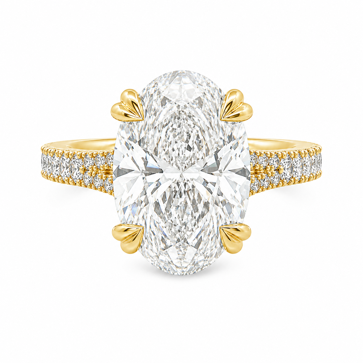 18ct Yellow Gold Oval Lab Grown Diamond Ring with Double Heart Claws, Split Shoulders & Peek-A-Boo Diamond – 6.75ct TDW