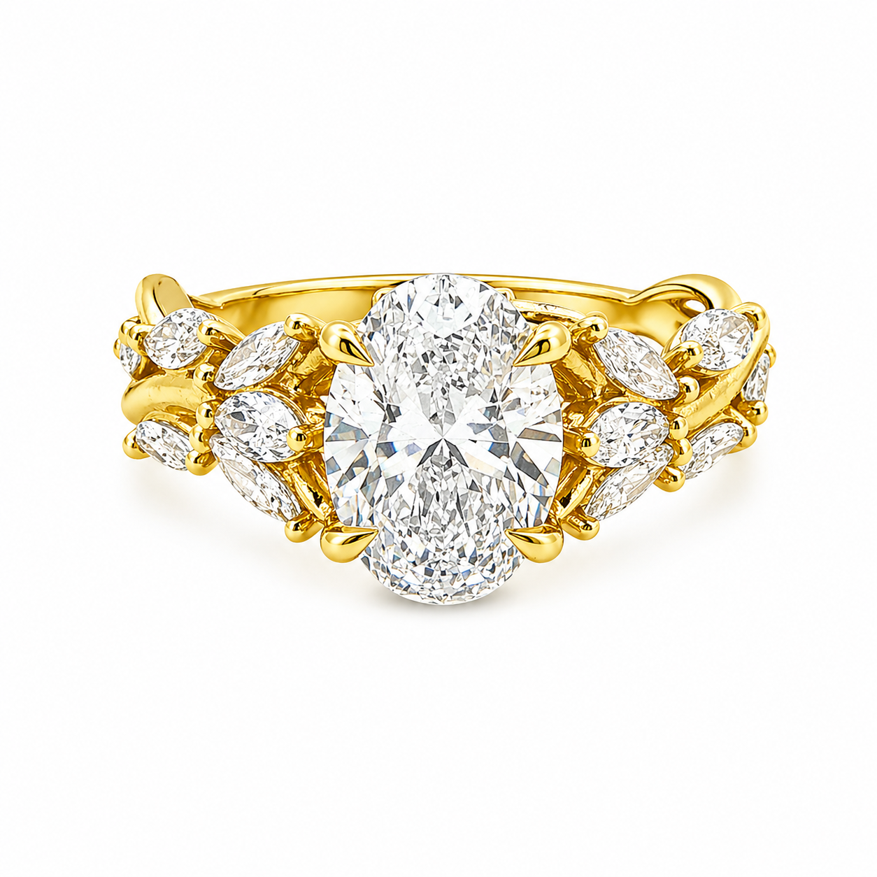 18ct Yellow Gold Oval Lab Grown Diamond Ring with Marquise Vine Inspired Shoulders – 2.97ct TDW