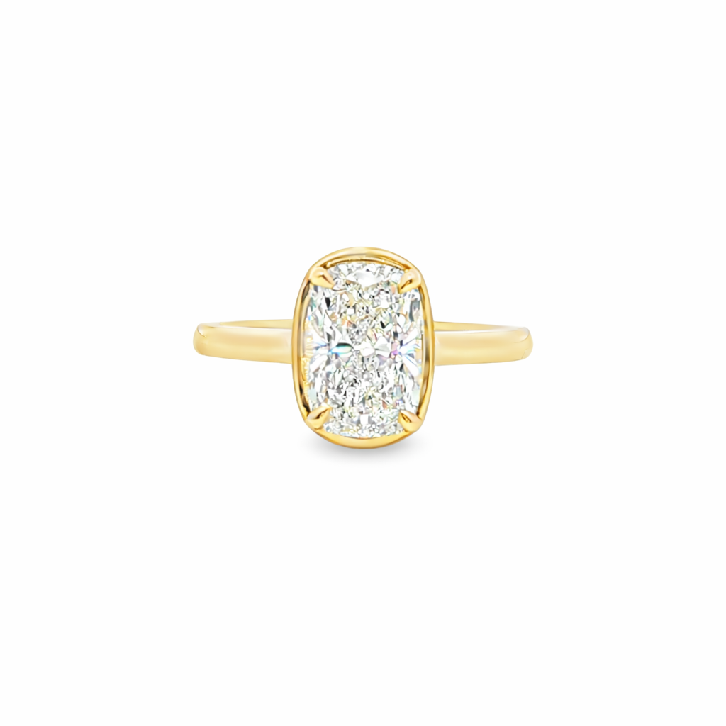 9ct Yellow Gold 4 Eagle Claw Set Elongated Cushion Cut Lab Grown Diamond Georgian Style Solitaire Ring – 2.07ct TDW