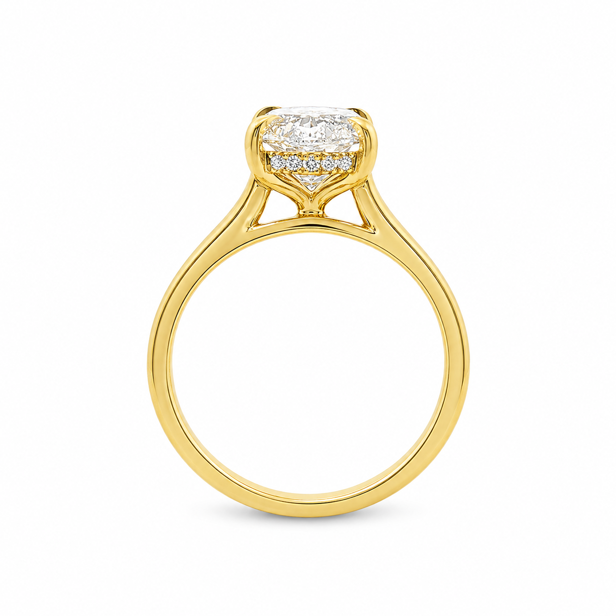 18ct Yellow Gold Moval Lab Grown Diamond Solitaire Ring with Hidden Halo – 3.96ct TDW