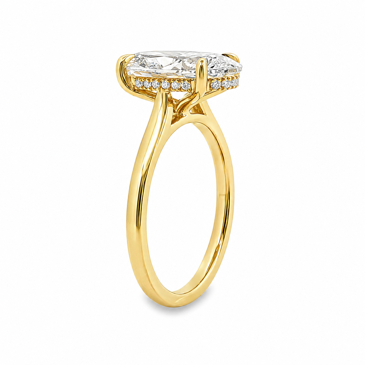 18ct Yellow Gold Moval Lab Grown Diamond Solitaire Ring with Hidden Halo – 3.96ct TDW