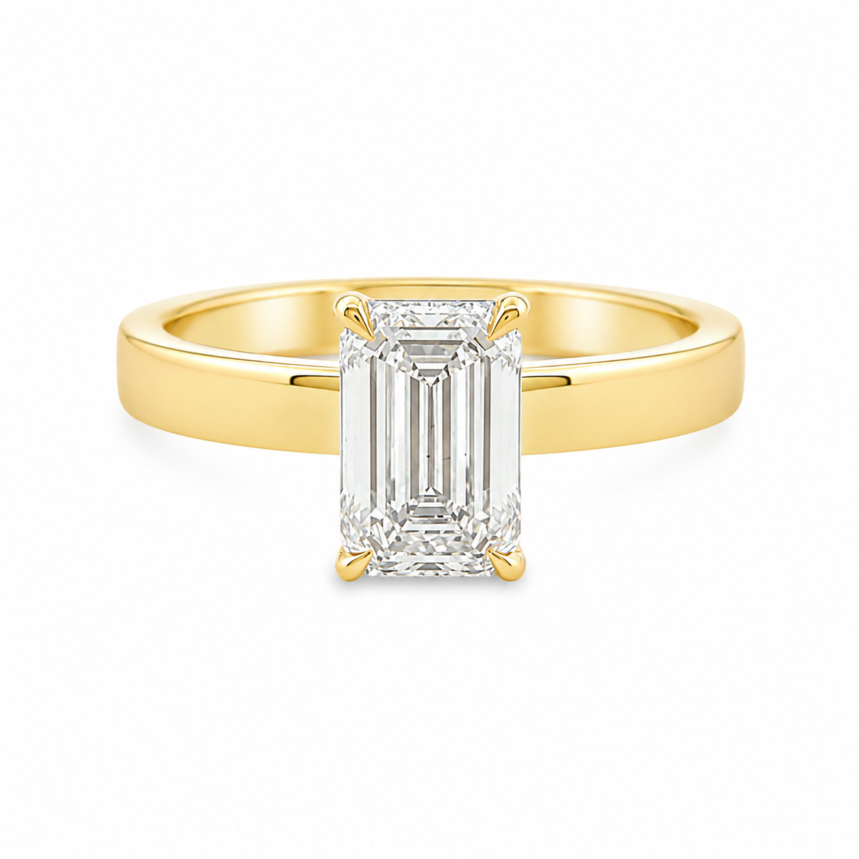 14ct Yellow Gold Emerald Cut Lab Grown Diamond Solitaire Ring with Wide Flat Band – 1.50ct TDW