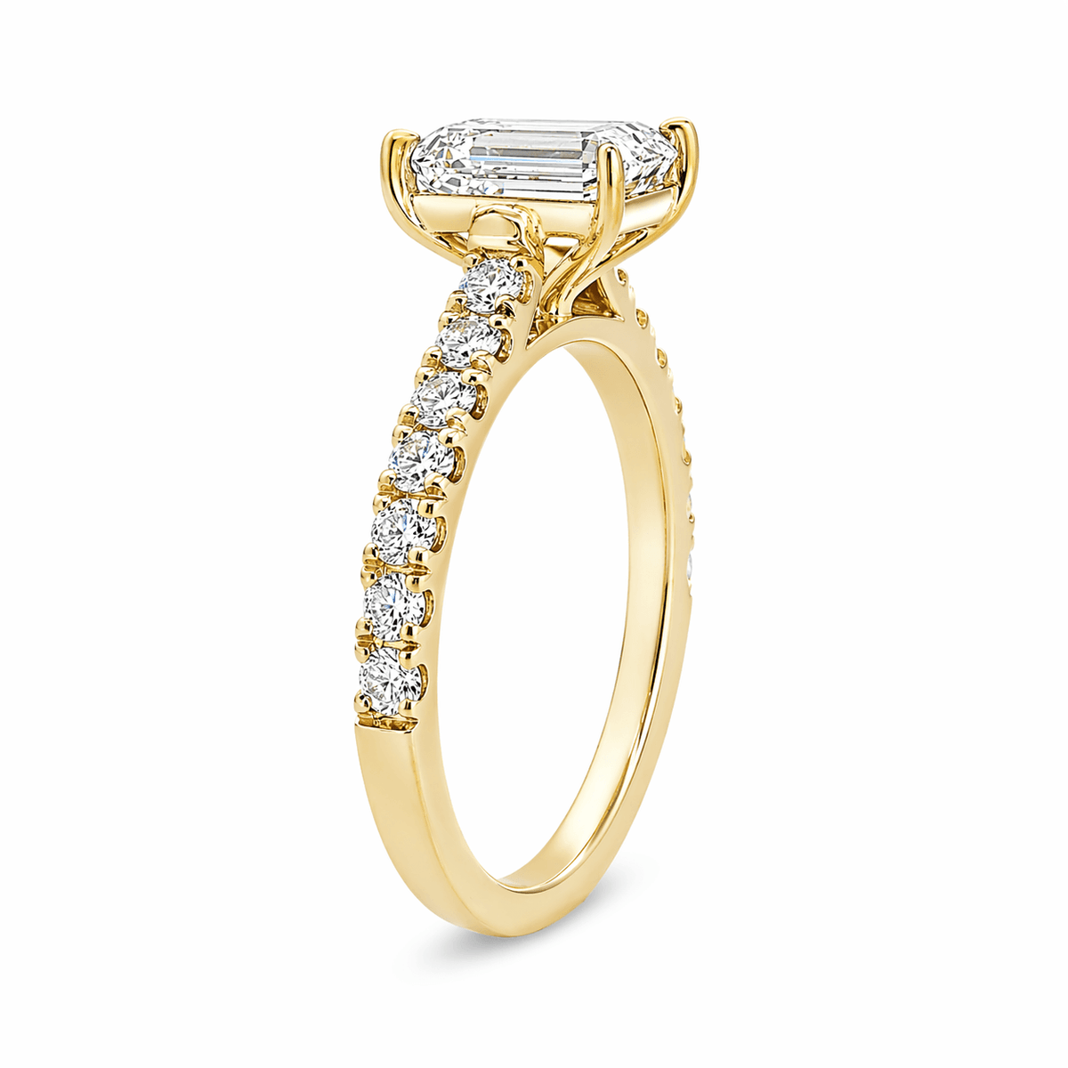 9ct Yellow Gold 1.55ct Emerald Cut Claw Solitaire with Diamond Set Shoulders Engagement Ring