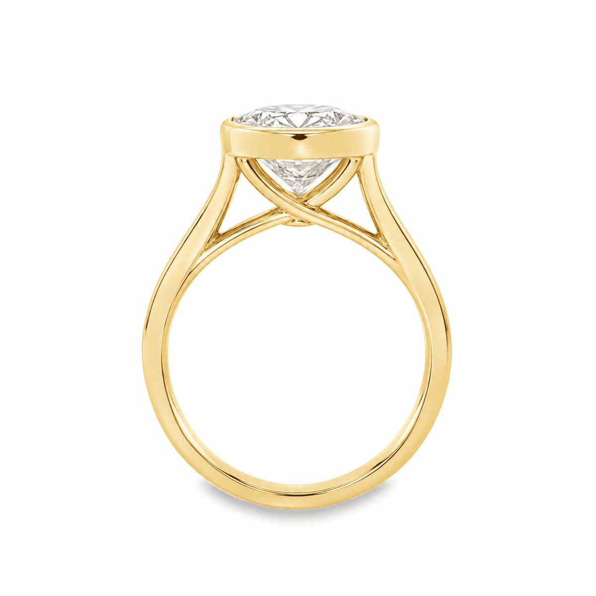 18ct Yellow Gold 4.0ct Oval Cut Bezel Set Split Shoulder Ring with Peek-a-Boo Diamond