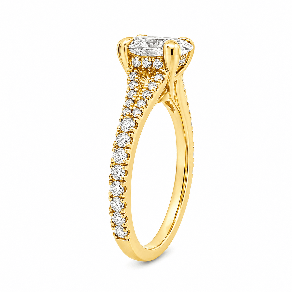 9ct Yellow Gold 1.05ct Oval Cut Double Heart Claw with Split Shoulders Engagement Ring