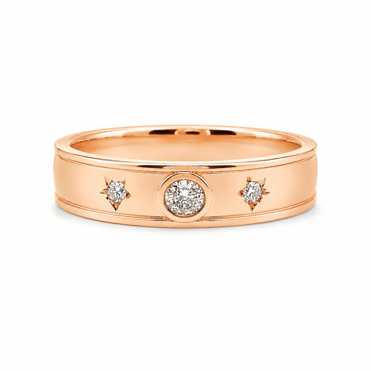 9ct Rose Gold 0.10ct Oval Cut Bezel Set Wide Band with Star Set Diamonds Statement Ring