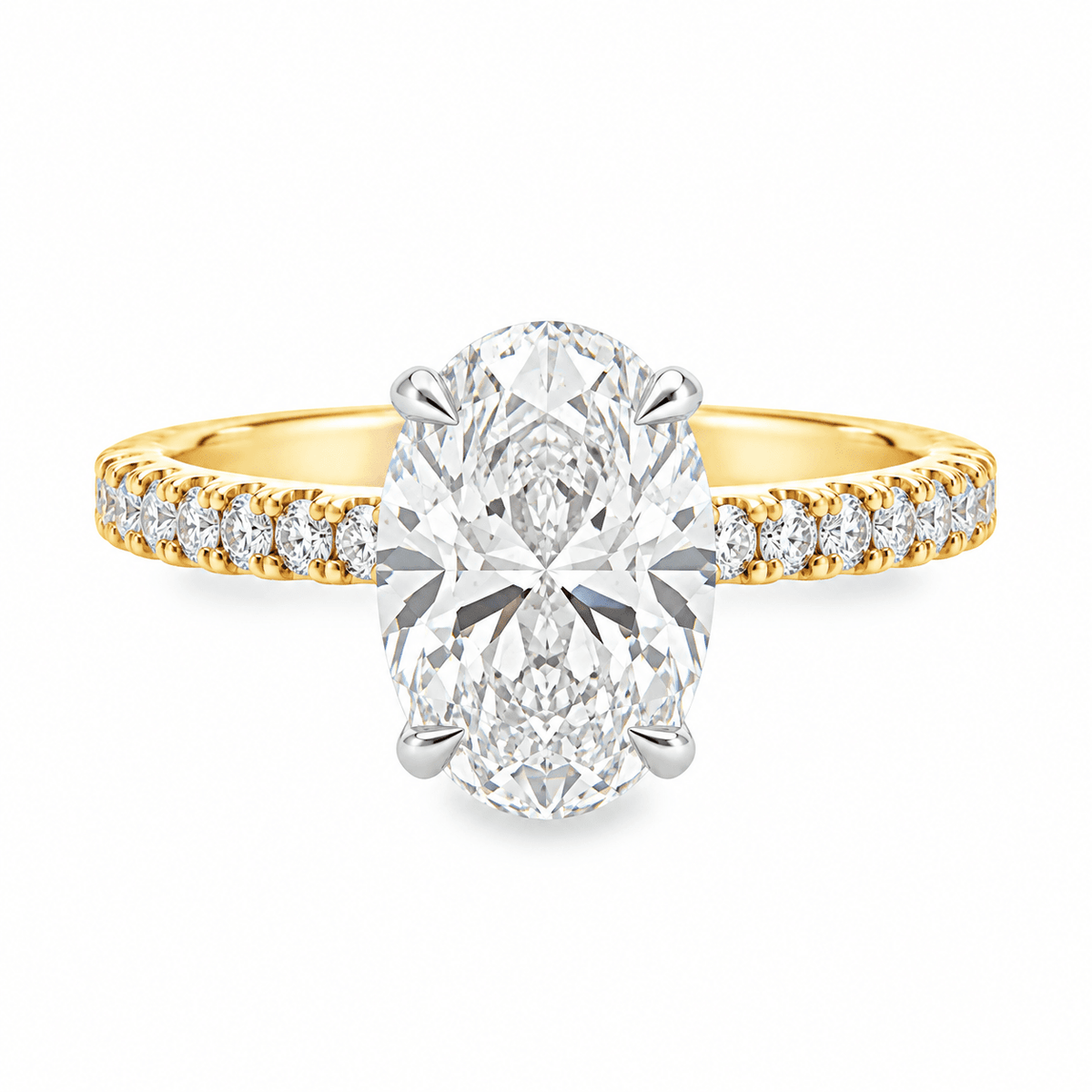 18ct Yellow & White Gold 2.03ct Oval Cut Claw Solitaire with Hidden Halo and Diamond Set Shoulders Engagement Ring