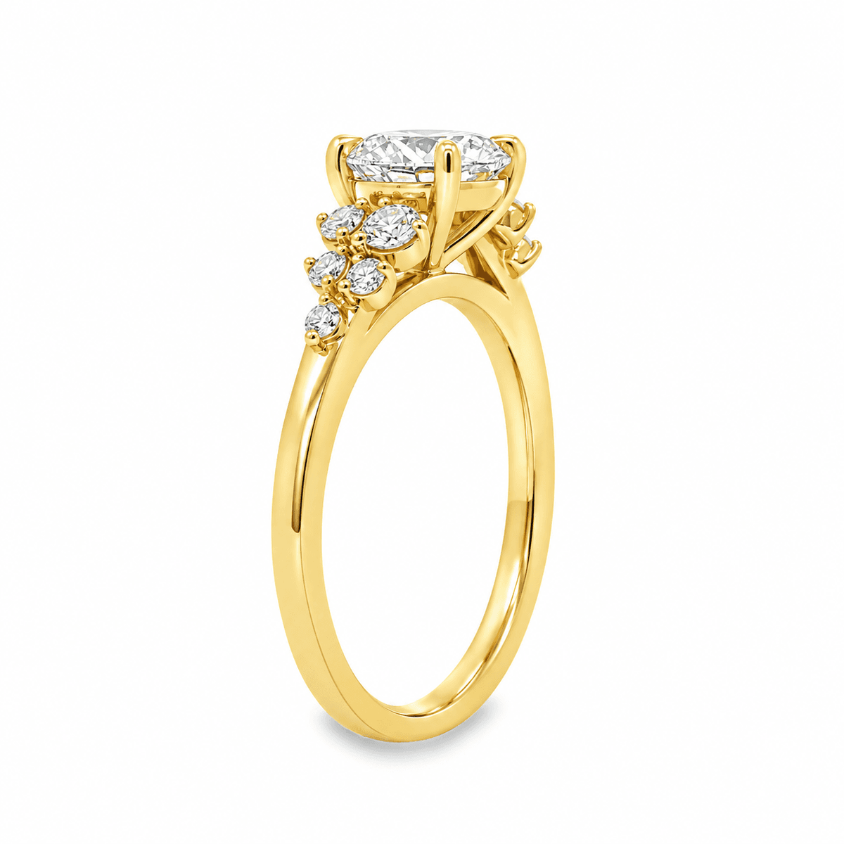 1.03ct Round Cut Claw Solitaire with Cluster Diamond Shoulders Yellow Gold Engagement Ring